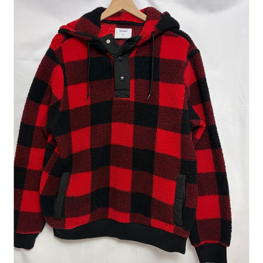 Old Navy Sherpa Hoodie Women XL Red Black Excellent Buffalo Plaid Snap Pullover